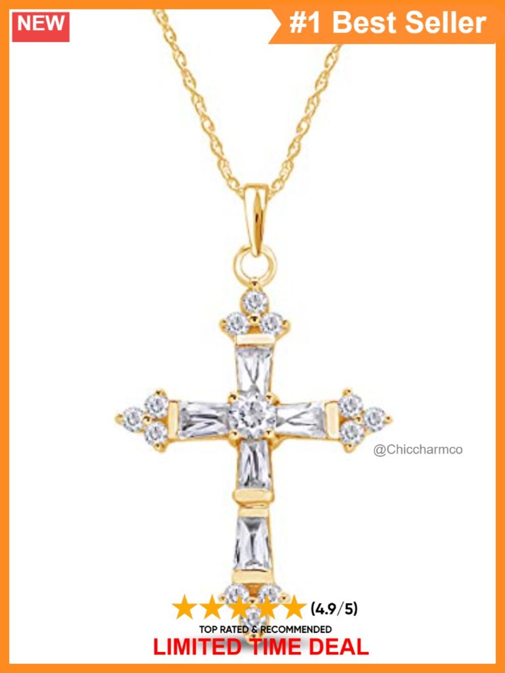 Sterling Silver Cross Pendant Necklace with Baguette and Round CZ Stones
